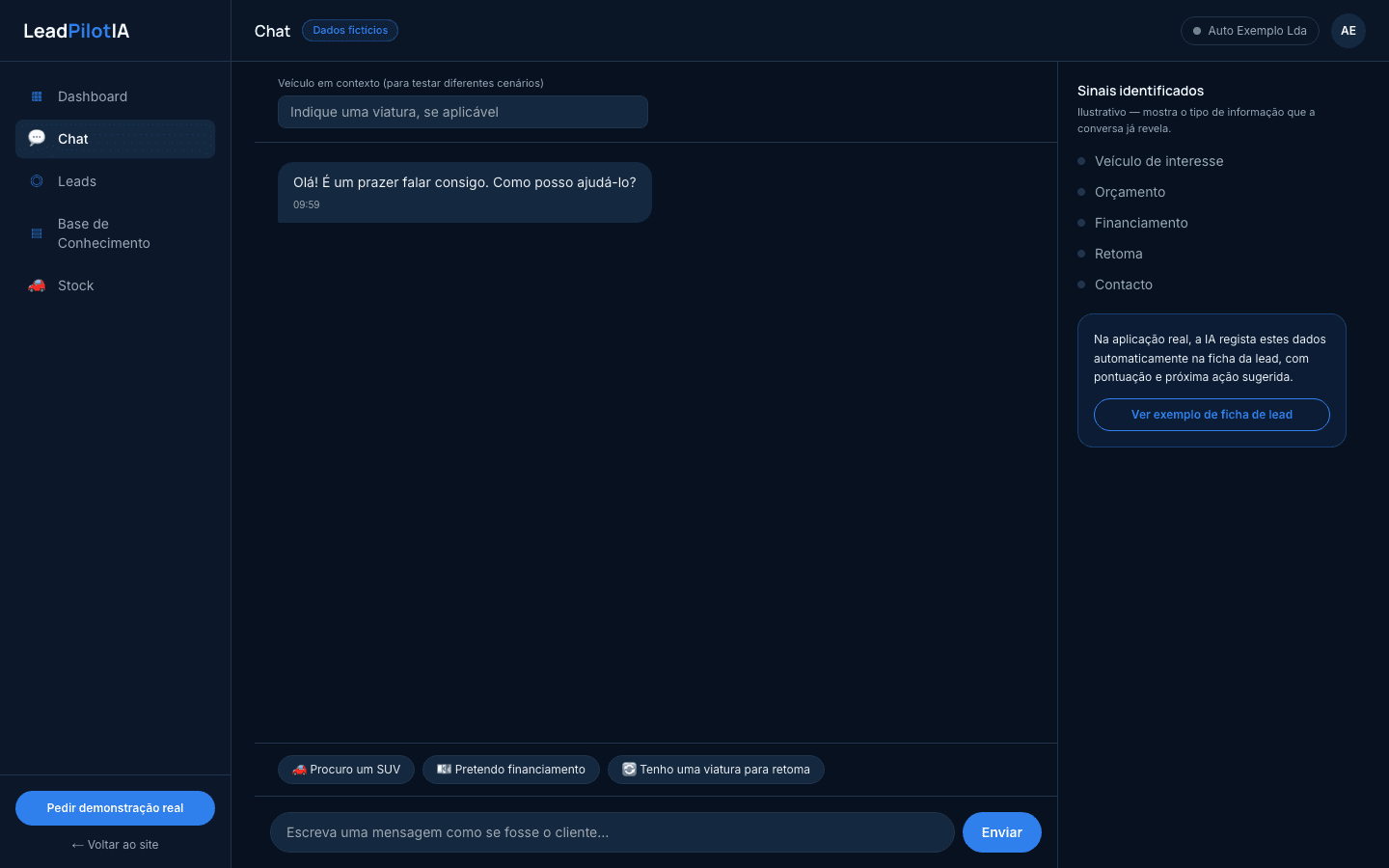 Captura de ecrã real: Chat da demonstração da LeadPilotAI